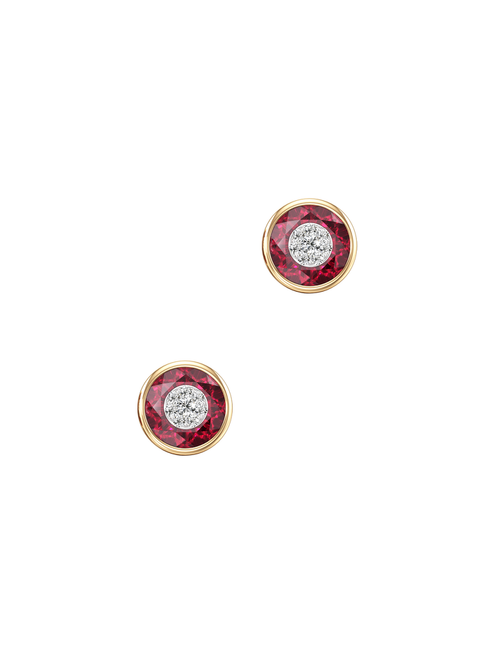 One collection 10mm fusion ruby  stud earrings with yellow gold bezel 