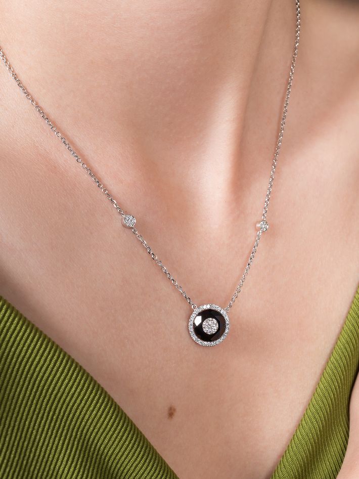One collection 7mm black onyx diamond halo pendant