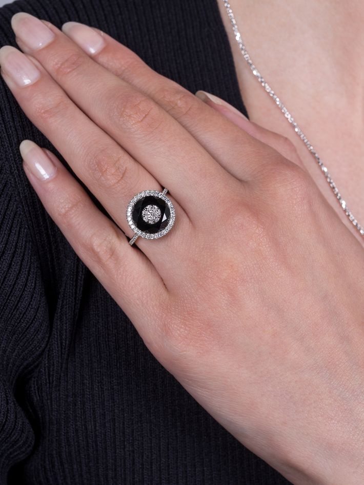 One collection 10mm black onyx diamond halo ring