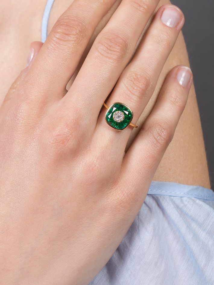 One collection 10mm cushion shape fusion emerald ring with yellow gold bezel 