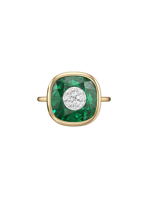 One collection 10mm cushion shape fusion emerald ring with yellow gold bezel  photo
