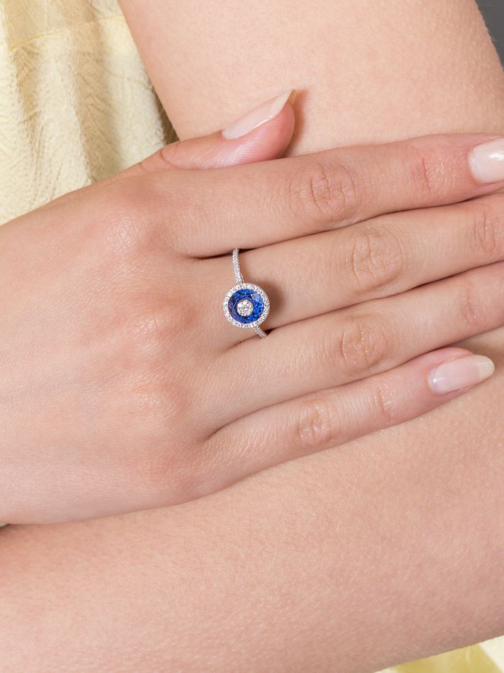 One collection 7mm fusion sapphire  diamond halo ring