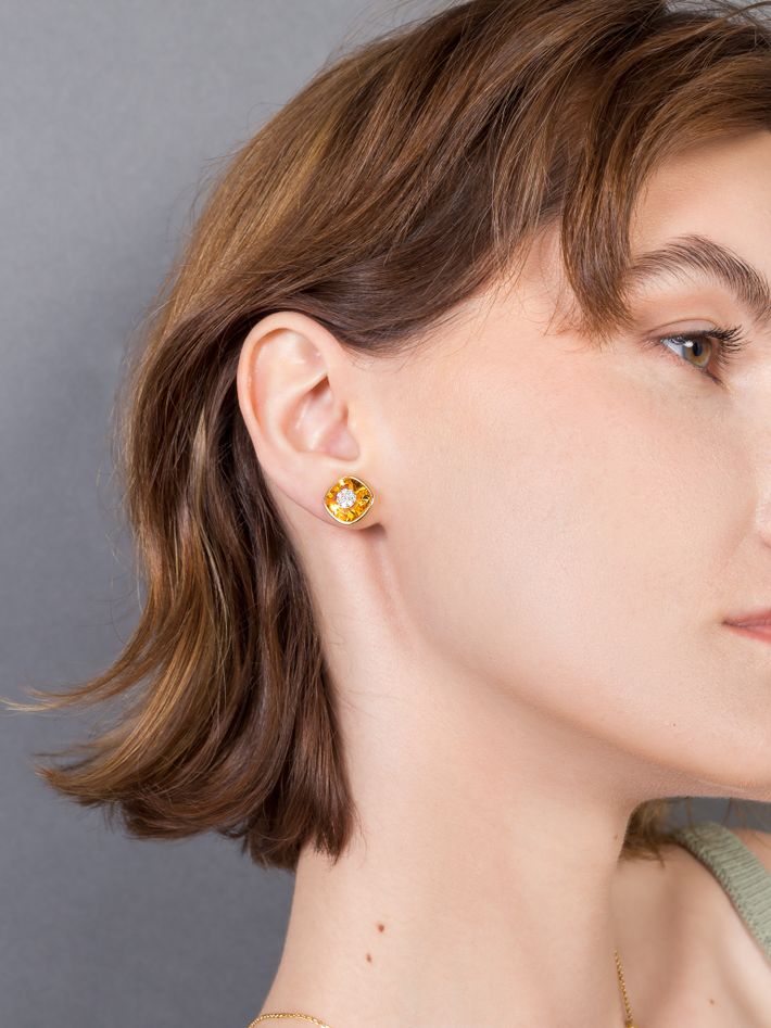 One collection 10mm cushion shape citrine stud earrings with yellow gold bezel 