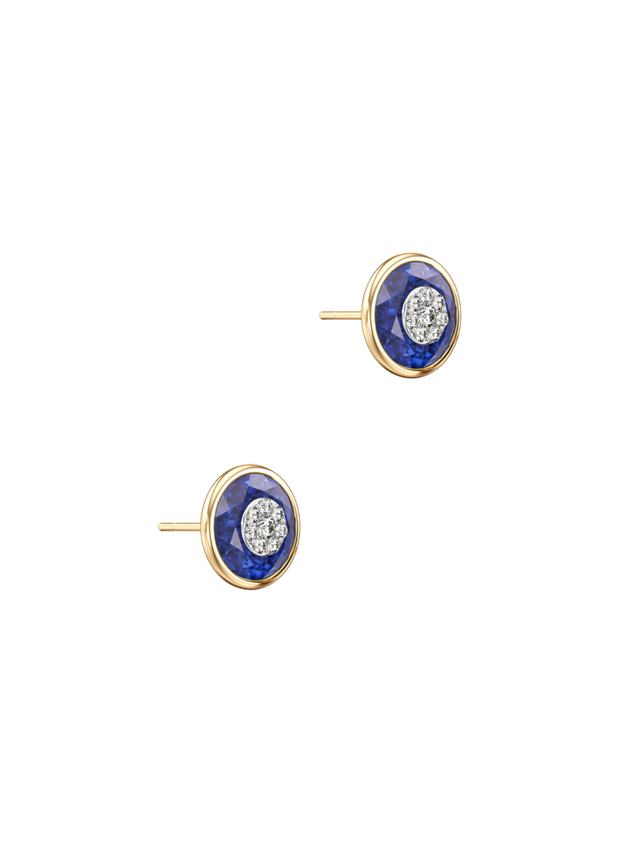 One collection 10mm fusion sapphire stud earrings with yellow gold bezel 