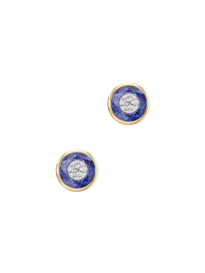 One collection 10mm fusion sapphire stud earrings with yellow gold bezel 