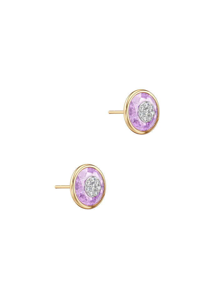 One collection 10mm amethyst stud earrings with yellow gold bezel 