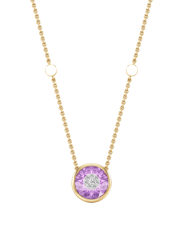 One collection 10mm amethyst pendant with yellow gold bezel 