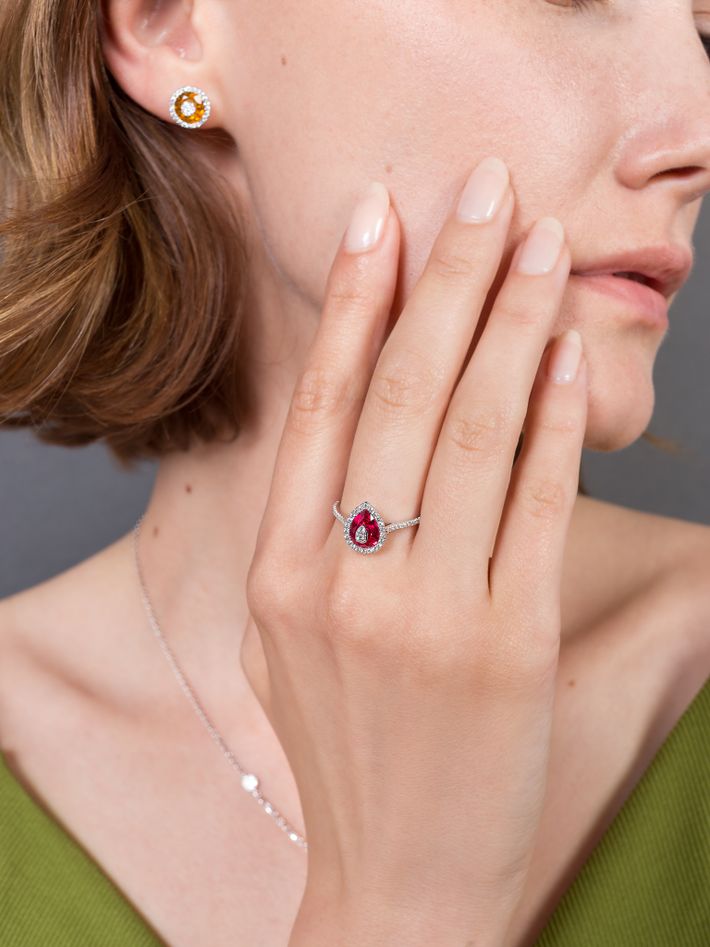 One collection mini pearshape ruby diamond halo ring