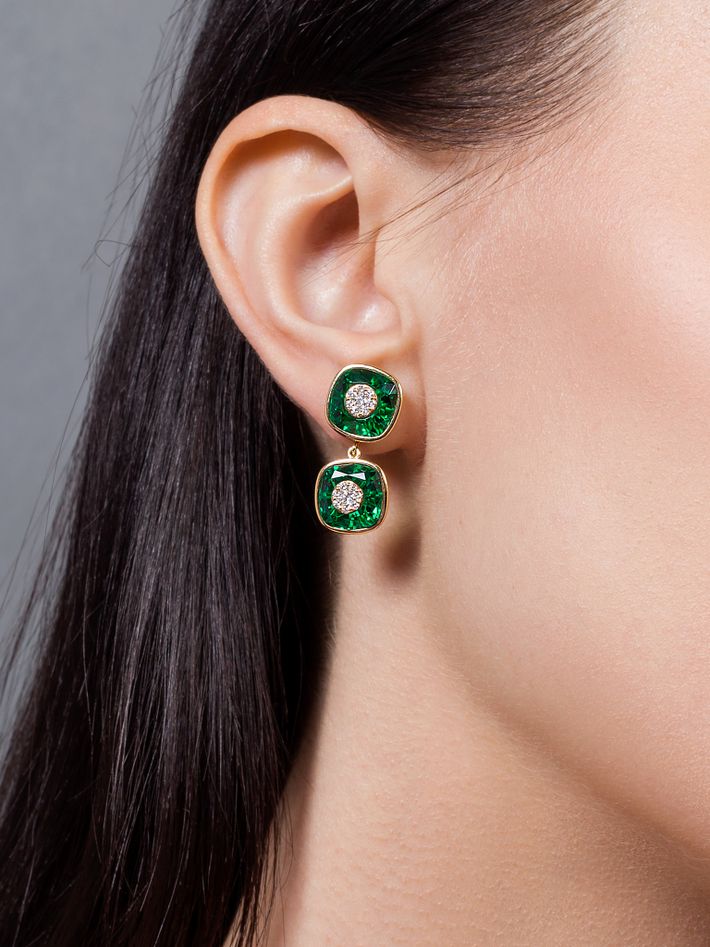 One collection double cushion shape fusion emerald earrings with yellow gold bezel 