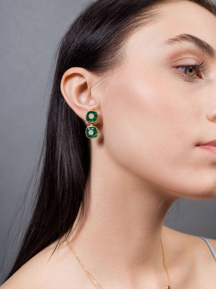 One collection double cushion shape fusion emerald earrings with yellow gold bezel 