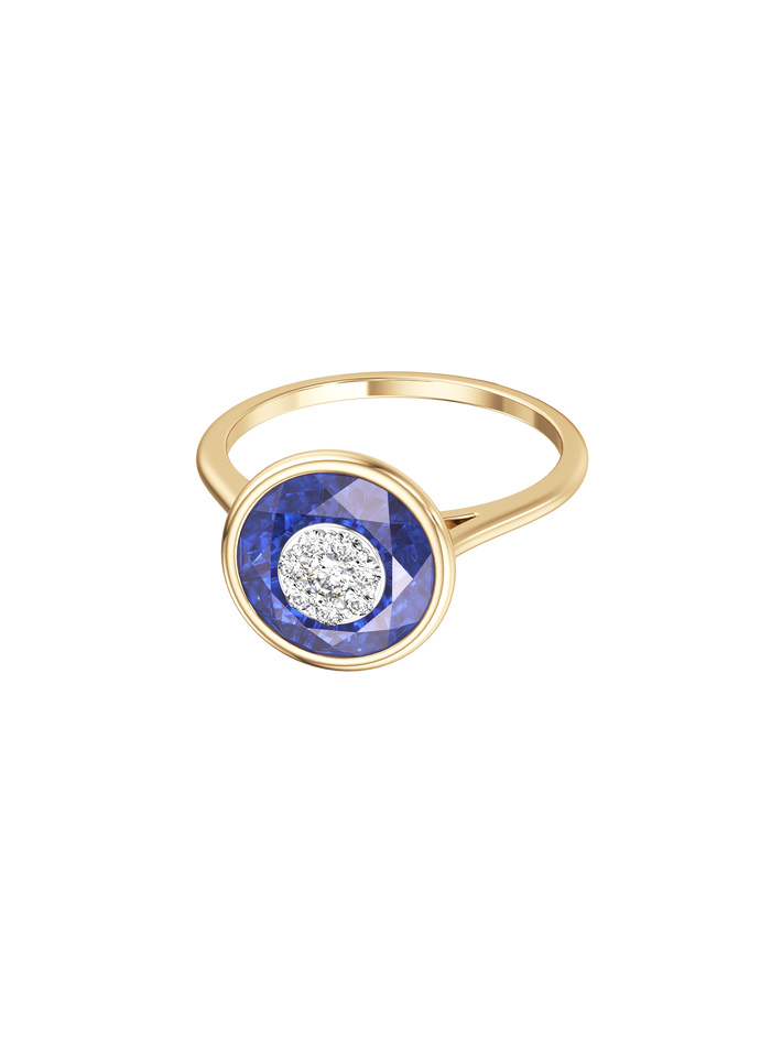 One collection 10mm fusion sapphire ring with yellow gold bezel 