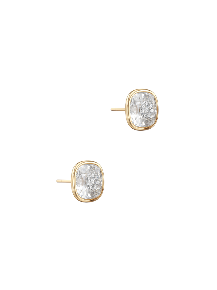 One collection 10mm cushion shape white quartz stud earrings with yellow gold bezel 