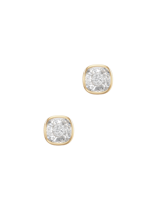 One collection 10mm cushion shape white quartz stud earrings with yellow gold bezel  photo