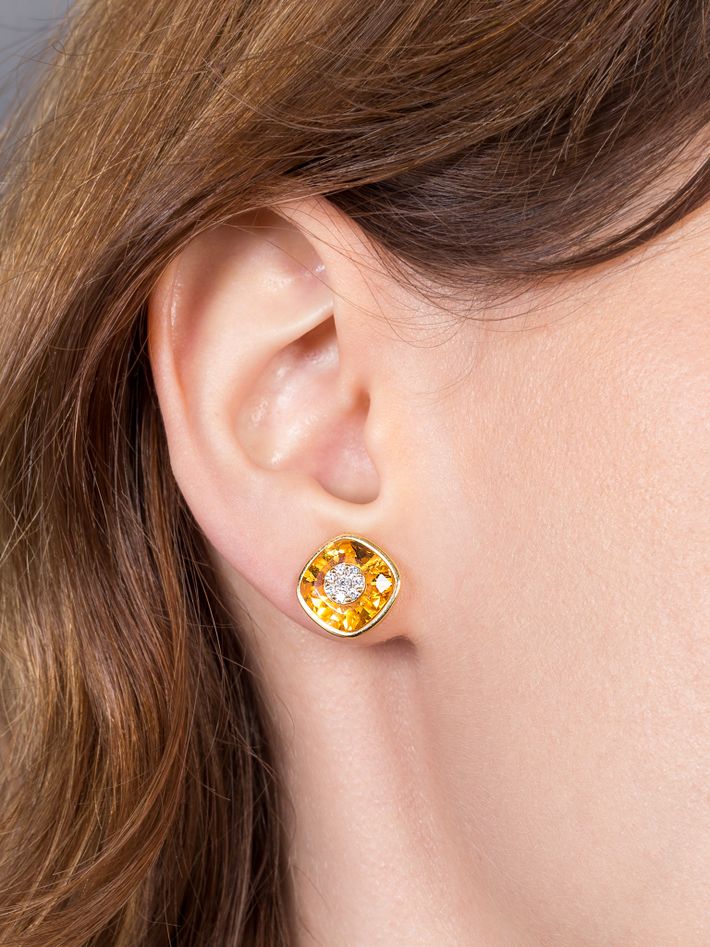One collection 10mm citrine stud earrings with yellow gold bezel 