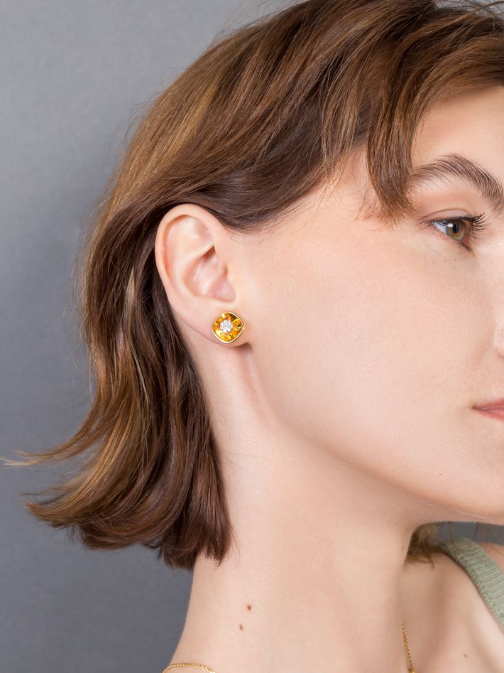 One collection 10mm citrine stud earrings with yellow gold bezel 