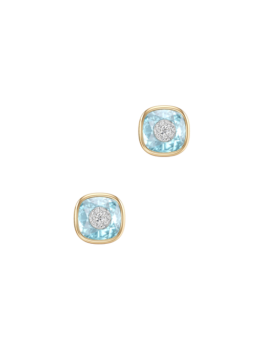 One collection 10mm cushion shape  blue topaz stud earrings with yellow gold bezel  photo