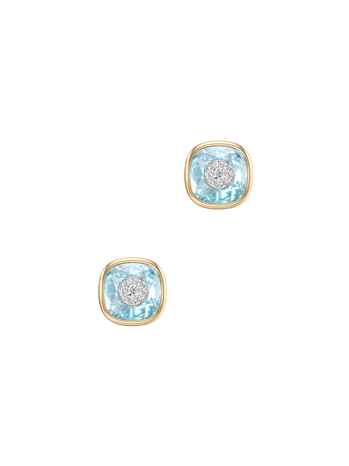 One collection 10mm cushion shape  blue topaz stud earrings with yellow gold bezel 
