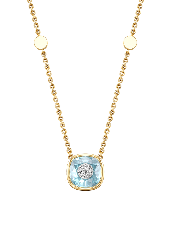 One collection 10mm cushion shape blue topaz pendant with yellow gold bezel 