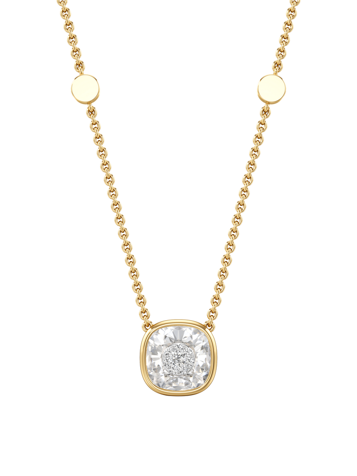 One collection 10mm cushion shape white quartz pendant with yellow gold bezel 