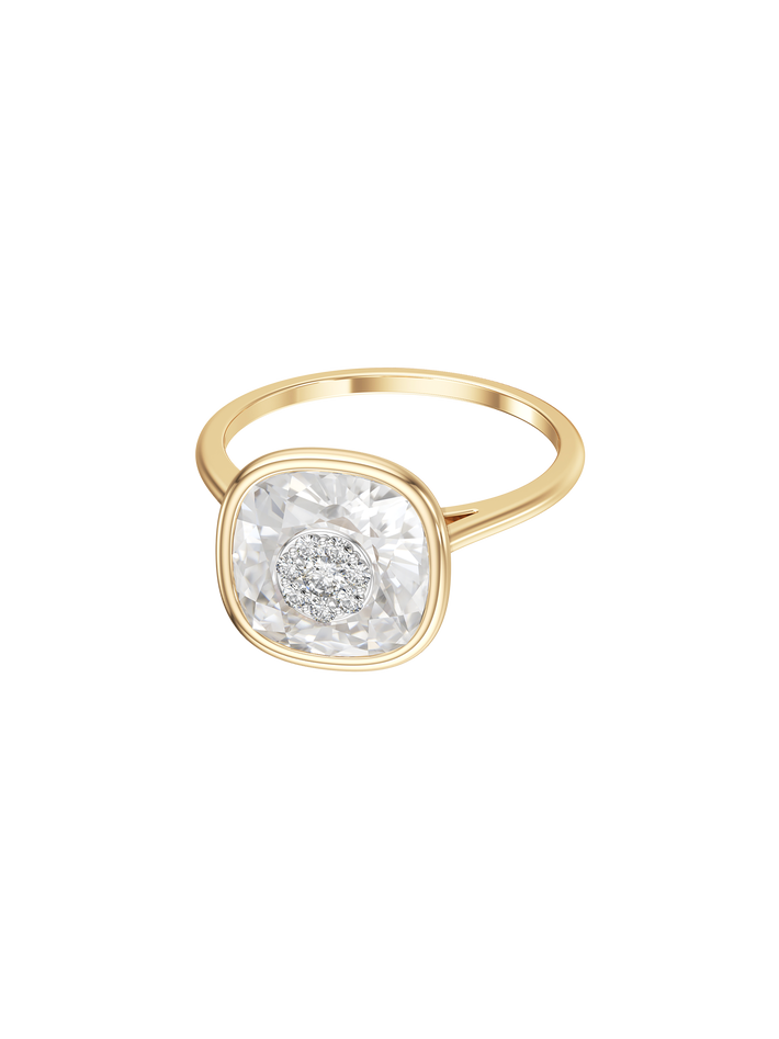 One collection 10mm cushion shape  white quartz ring with yellow gold bezel 