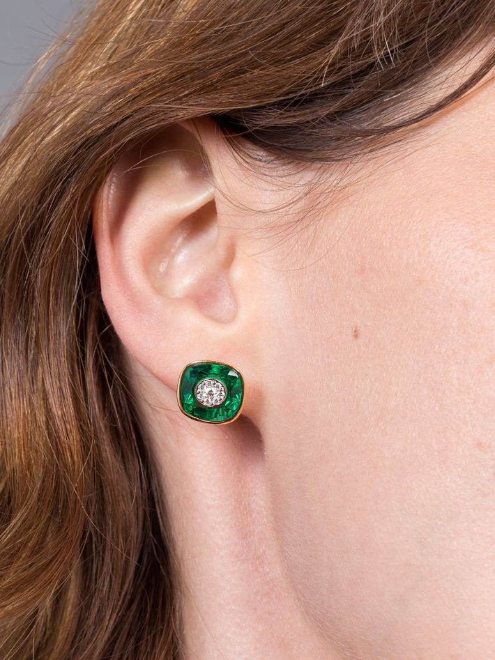 One collection 10mm cushion shape fusion emerald stud earrings with yellow gold bezel 