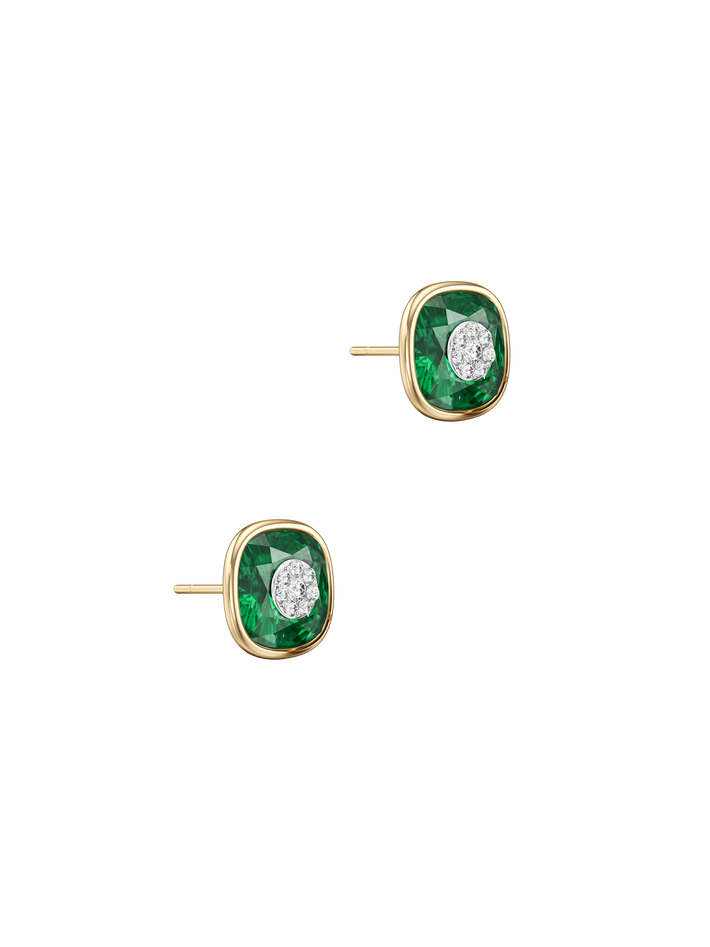 One collection 10mm cushion shape fusion emerald stud earrings with yellow gold bezel 