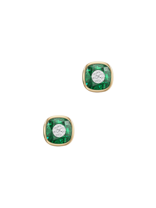 One collection 10mm cushion shape fusion emerald stud earrings with yellow gold bezel  photo