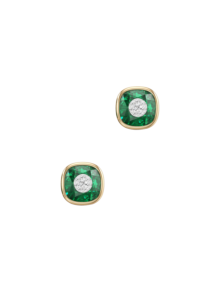 One collection 10mm cushion shape fusion emerald stud earrings with yellow gold bezel 