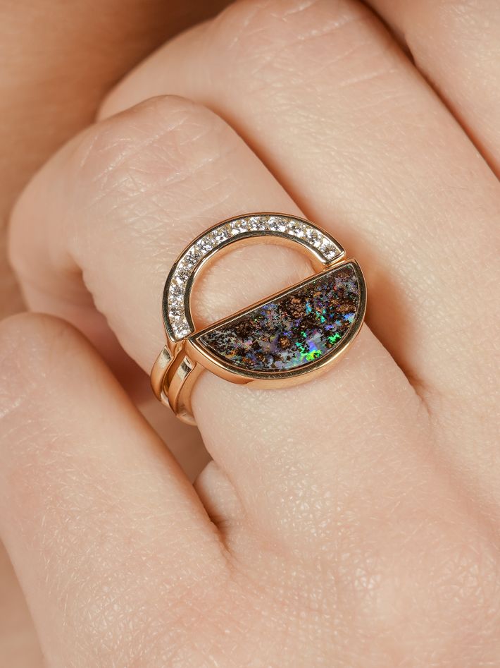 One half matrix boulder opal ring
