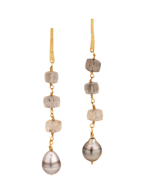 Long tahitian pearls and rutilated quartz earrings photo