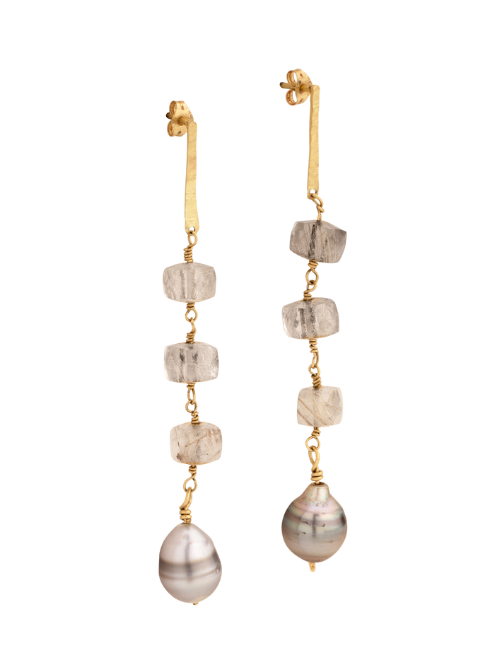 Long tahitian pearls and rutilated quartz earrings