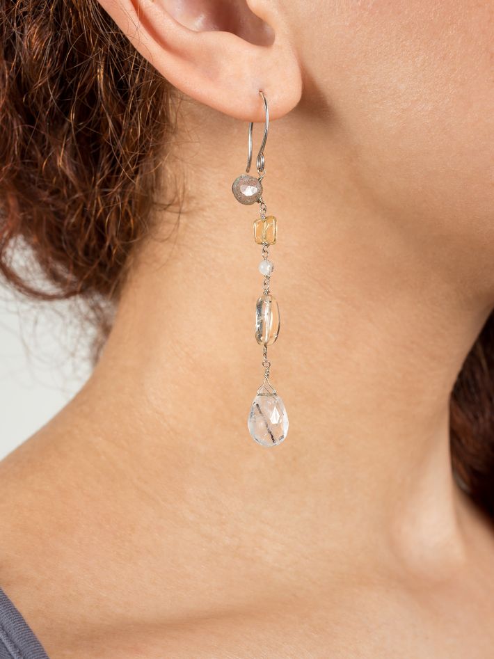 Tourmalinated quartz and citrine drop silver earrings