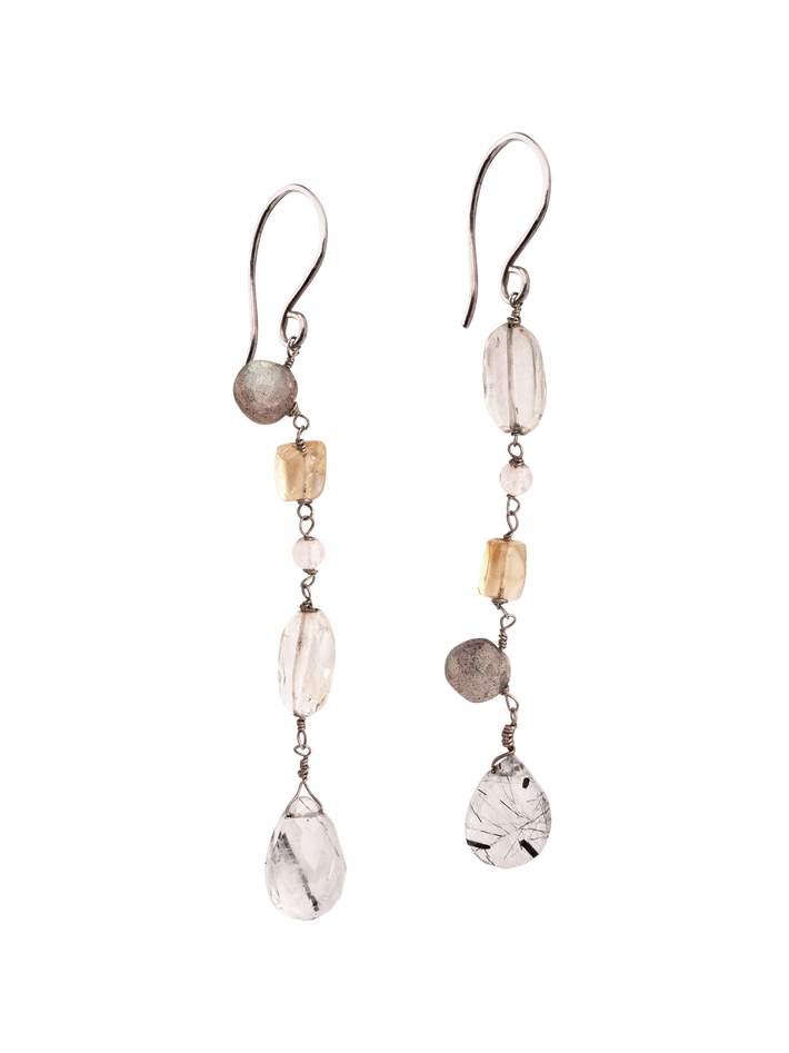 Tourmalinated quartz and citrine drop silver earrings