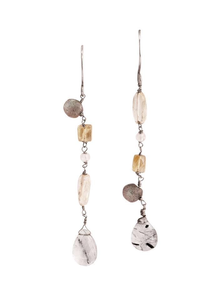 Tourmalinated quartz and citrine drop silver earrings