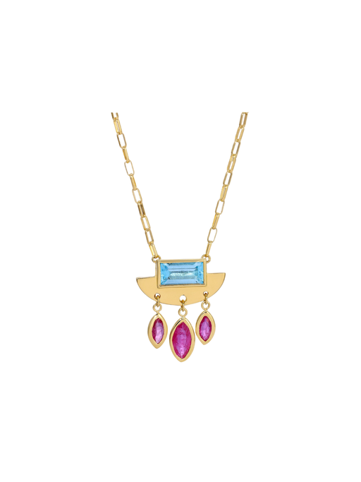 Crescent Moon Necklace  Blue Topaz & Ruby Charms photo