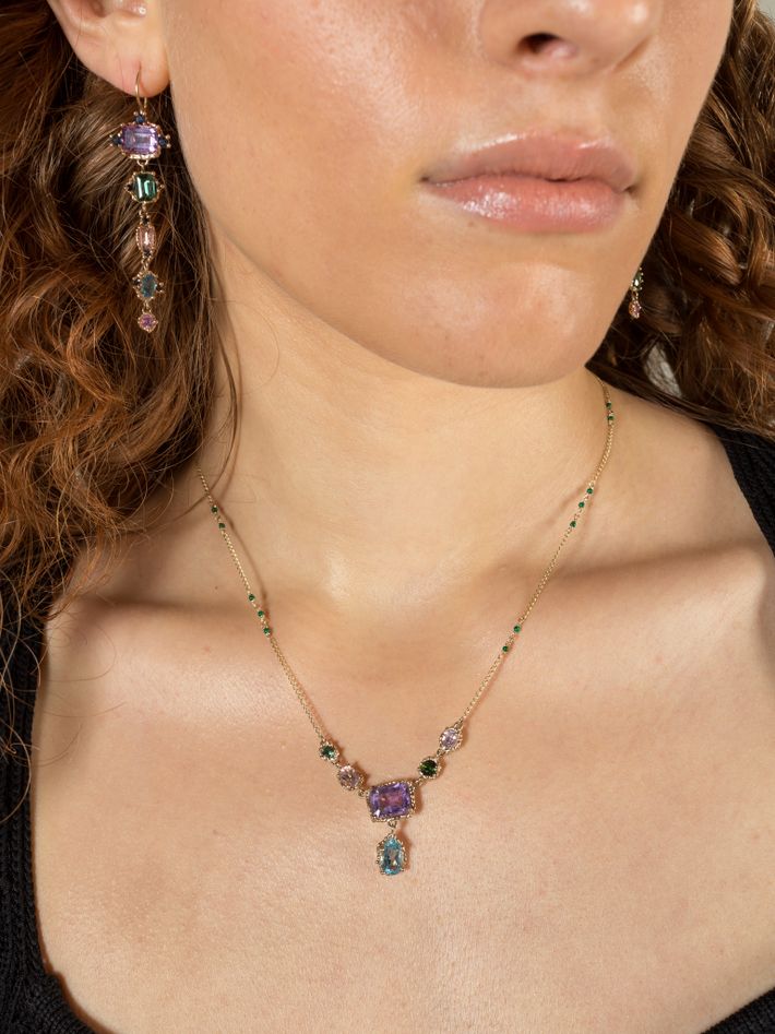 Blue, pink & green chandelier necklace