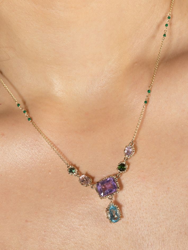 Blue, pink & green chandelier necklace