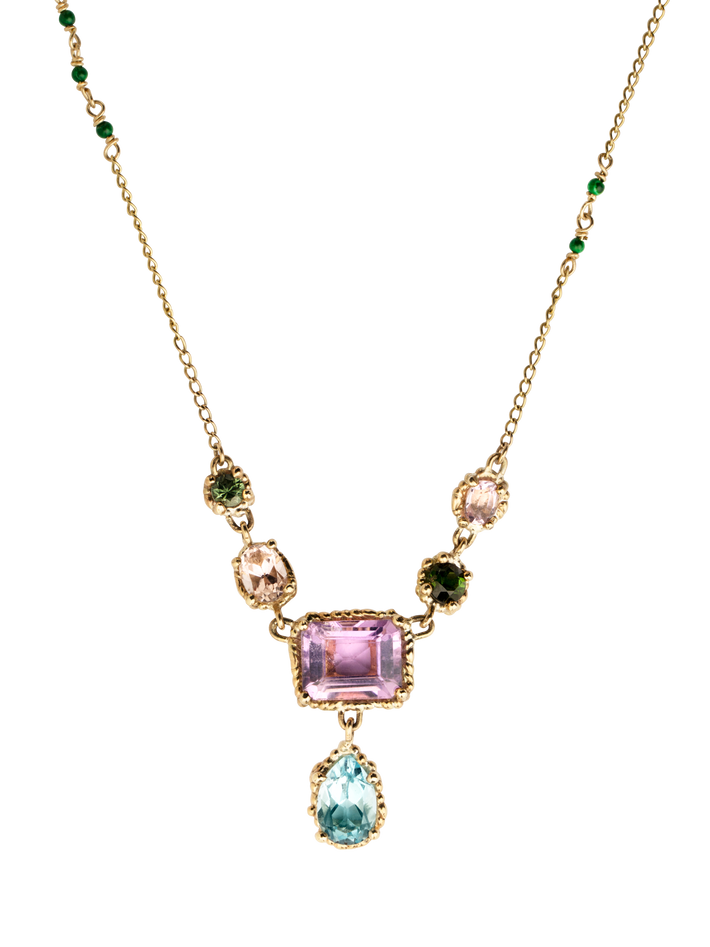 Blue, pink & green chandelier necklace