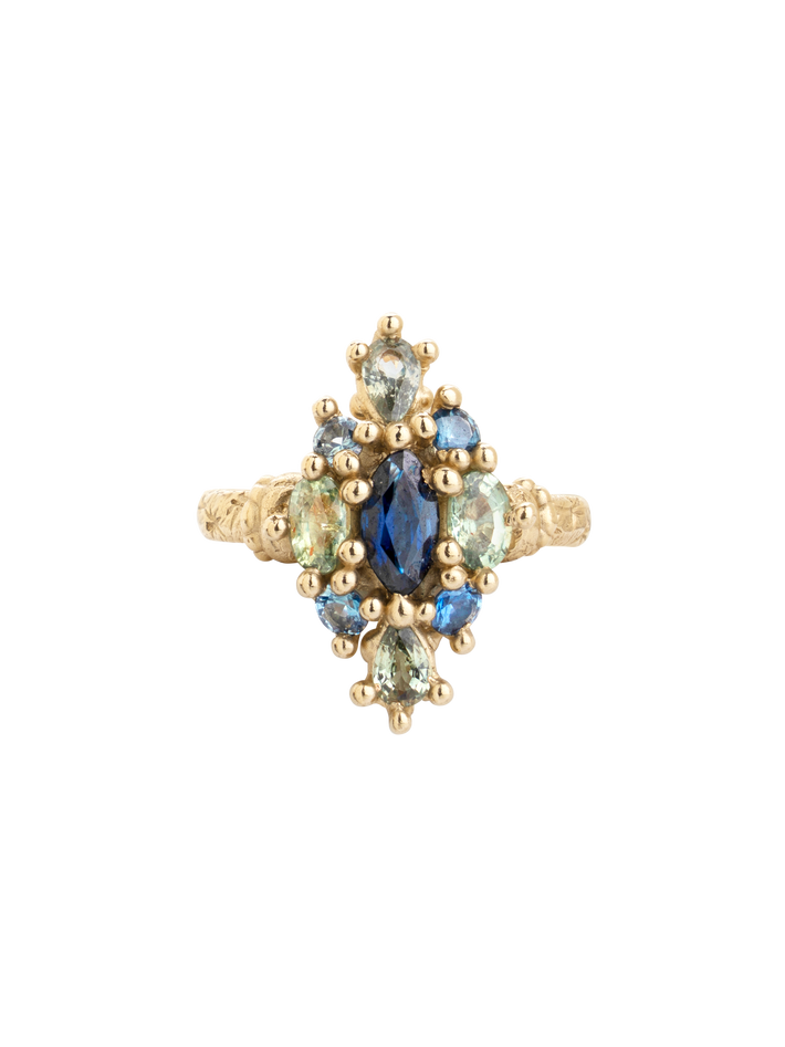 Blue & green navette ring