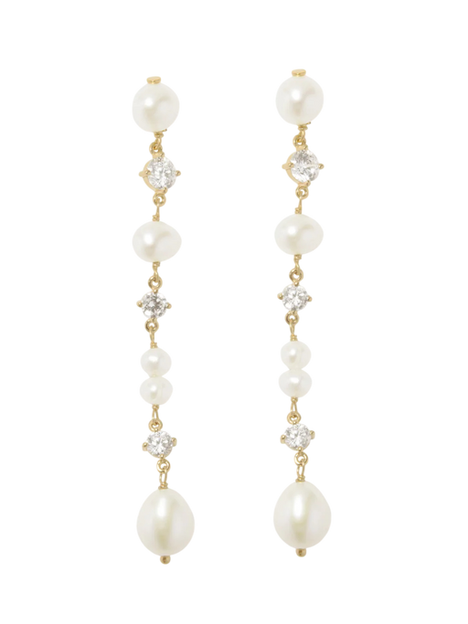 Long Pearl and Zirconia Recycled Gold Vermeil Earrings P224 photo