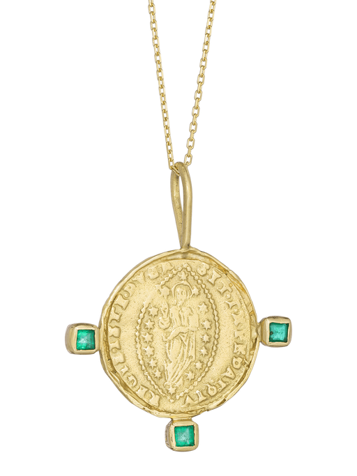 Byzantine mandorle medallion with three emeralds - 18k solid gold photo