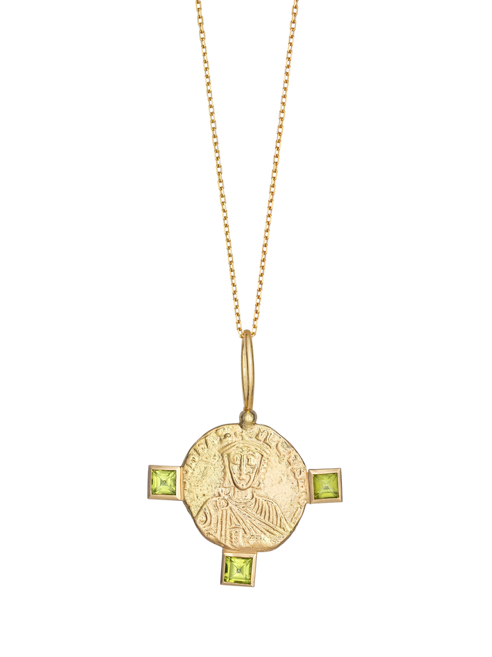 Byzantine grace medallion with three peridot - 18k solid gold