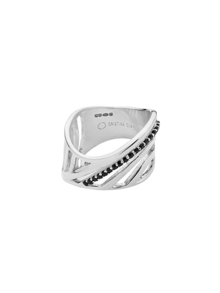 Sharch cut out ring silver with black diamonds