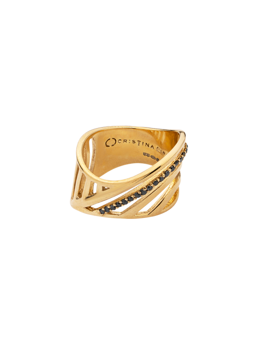Sharch cut out ring gold with black diamonds photo
