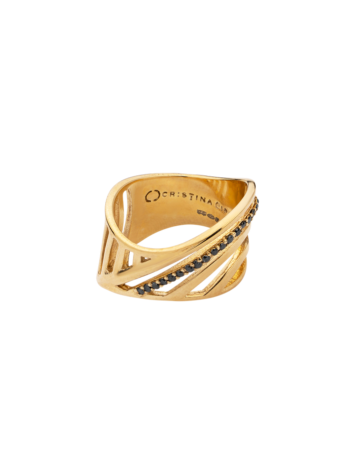 Sharch cut out ring gold with black diamonds