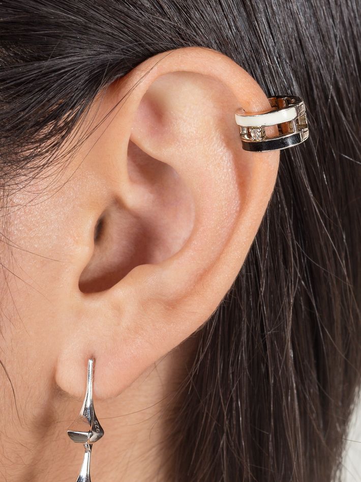 Black and white striped ear cuff with sapphire