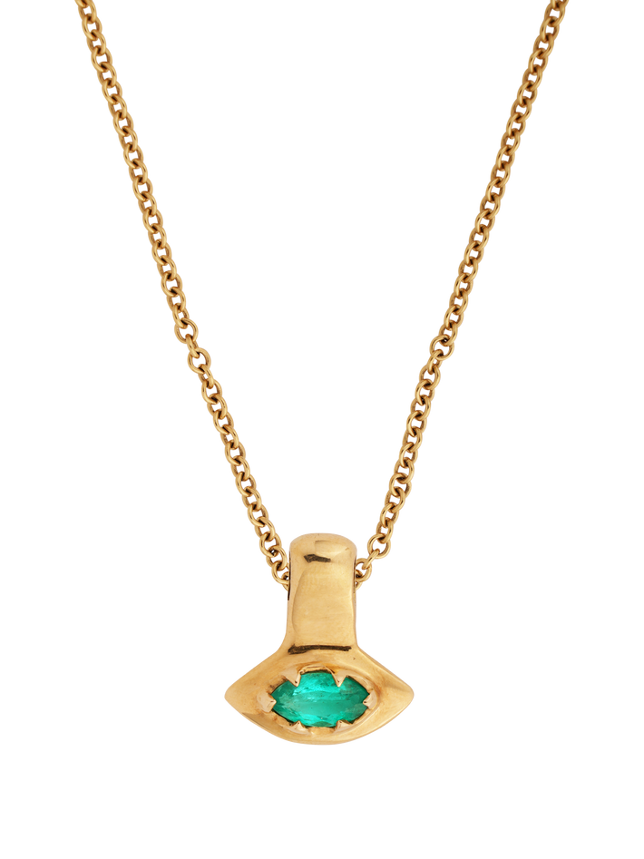 18k evil eye necklace with marquee cut emerald