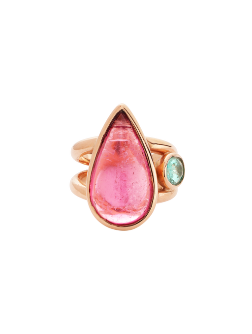Pear shaped pink tourmaline cabochon and apatite side stone ring photo