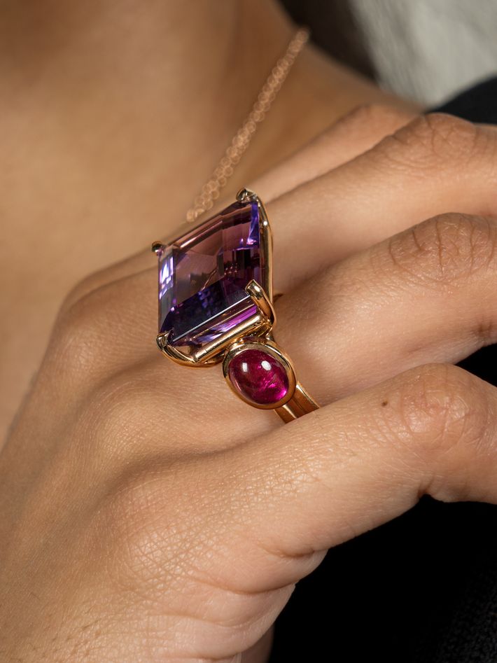 Amethyst and pink tourmaline cabochon in architectural setting rose 18k gold