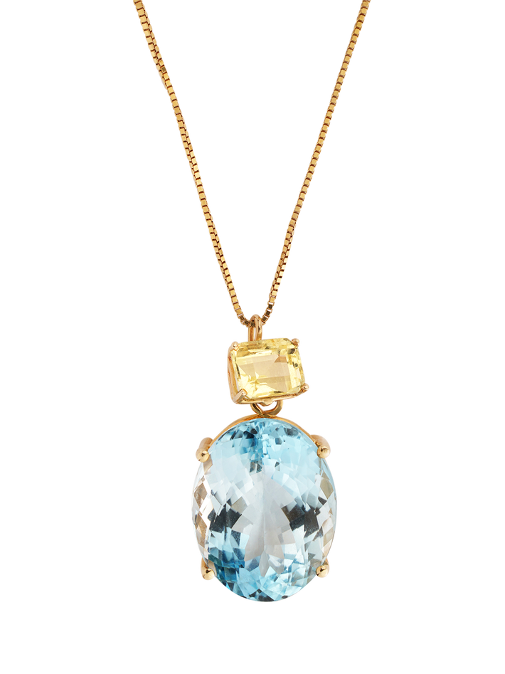 Blue topaz and golden beryl pendant on chain